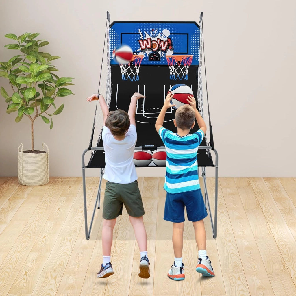 Macchina da Pallacanestro Elettronica, Canestro Basket da Camera a Doppio Tiro Pieghevole con Punteggio Elettronico, 4 Palle, 8 Modalità di Gioco e 2 Canestri (Blu 2)