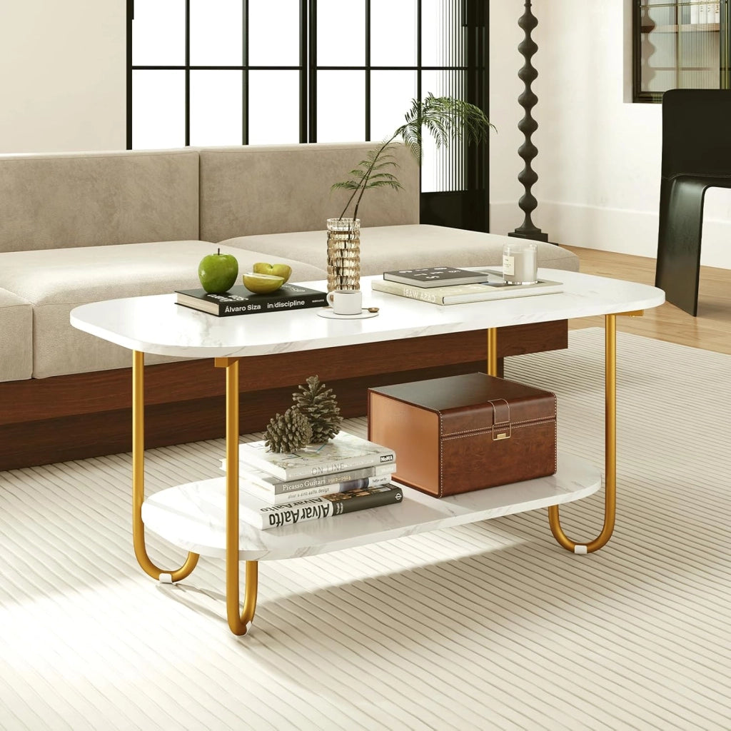 Tavolino da Caffè per Salotto a 2 Livelli, Tavolino Basso Rettangolo con Piano Effetto Marmo, Tavolino da Divano Moderno per Soggiorno,100 x 50 x 45 cm, Bianco e Oro