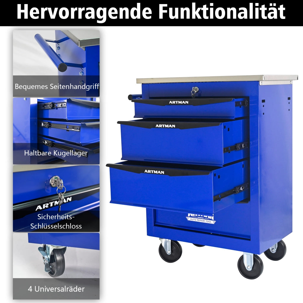 CARRELLO DA OFFICINA 4 Cassetti 62,5x34,5x78 cm Acciaio Nero/Blu