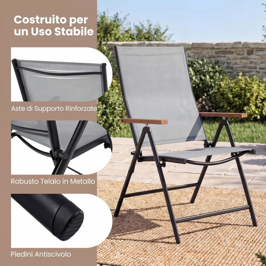 Set di 2/4 Sedie da Giardino Pieghevole, Struttura in Metallo, Poltrona in Tessuto Traspirante, Schienale Regolabile, per Balcone, Giardino, Terrazzo, Portata 150 kg (2,Grigio)