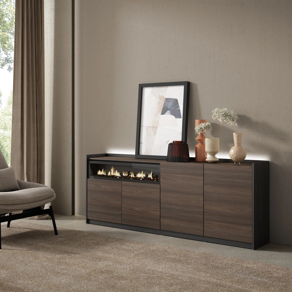 Credenza, Mobile, Cucina, 207x80x37 cm, 4 Porte, Camino elettrico, LED, Rovere scuro e Nero