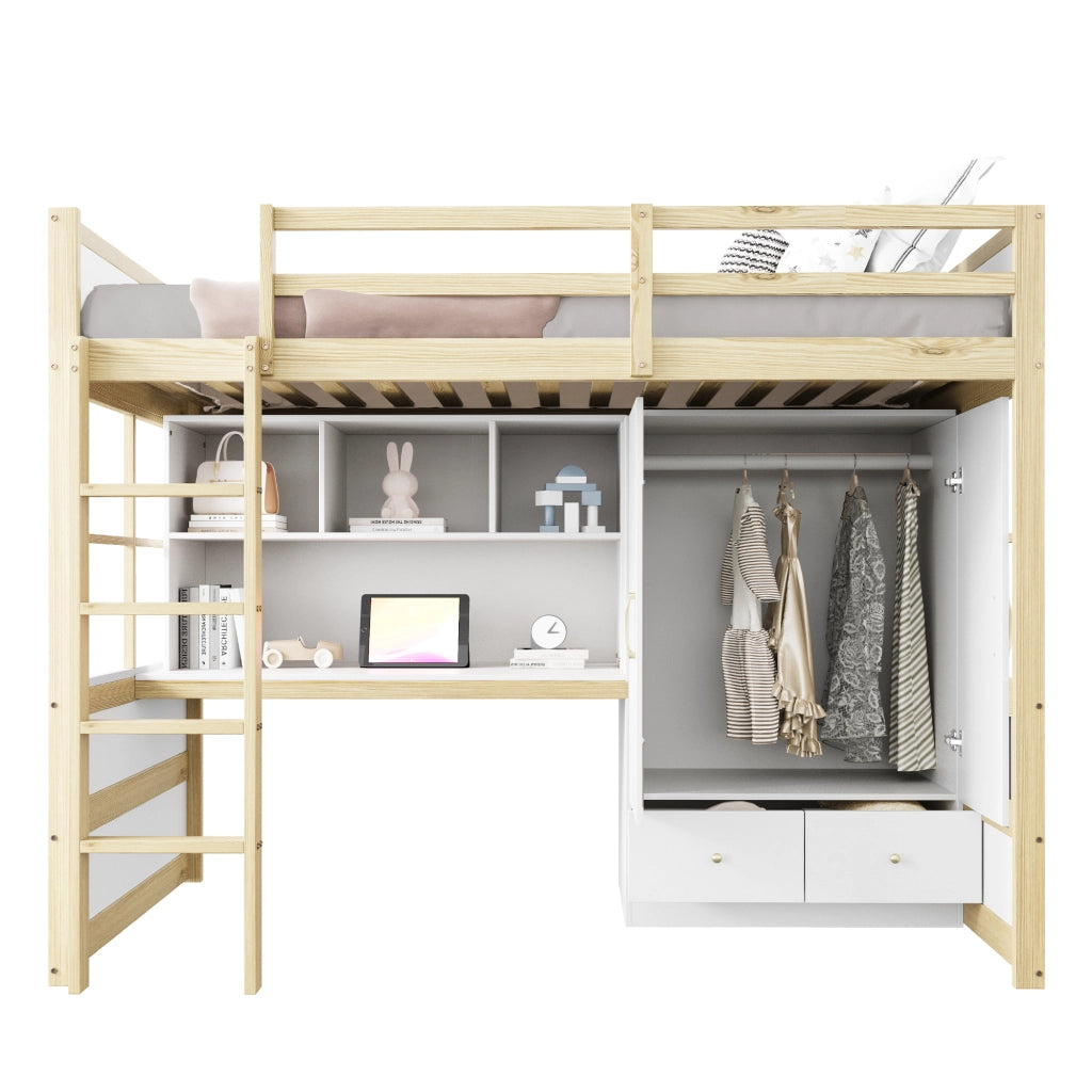 Letto a castello naturale in legno con scala scrivania armadio e cassetti 90x200 cm