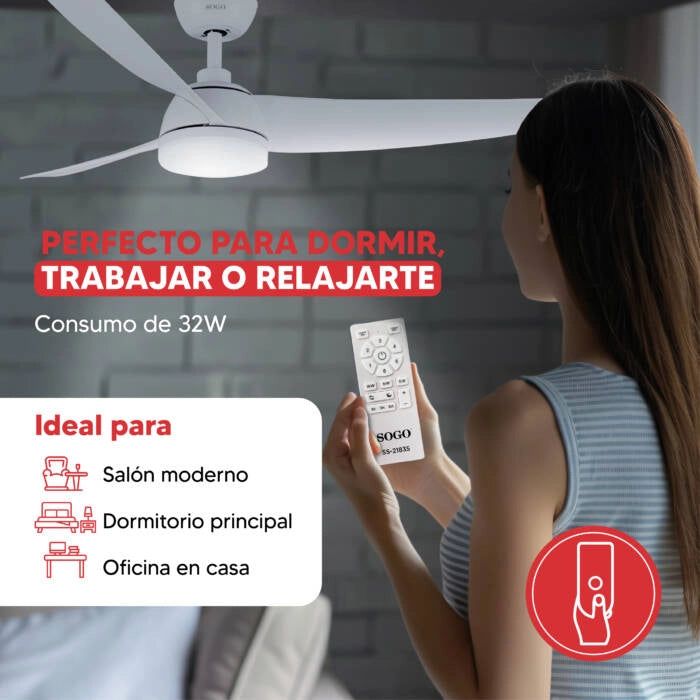 Ventilatore da soffitto 132 cm con luce LED 24W regolabile, motore DC silenzioso 6 velocità e telecomando, per stanze fino a 30 mq - Sogo