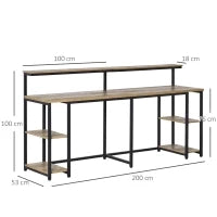 Scrivania Doppia con Scaffali e Mensola per Monitor in Stile Industriale, Scrivania con Libreria Salvaspazio per Ufficio e Studio in Metallo e MDF, 200x53x100cm, Nero Marrone