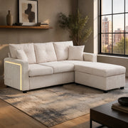 Divano angolare 3 posti con LED, contenitore e pouf convertibile in chaise longue, in velluto a coste beige
