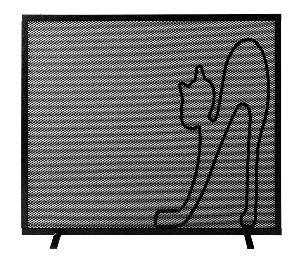 Parascintille per Camino a 1 Anta Design Gatto 60x50 cm in Ferro Verniciato Grigio Martellato