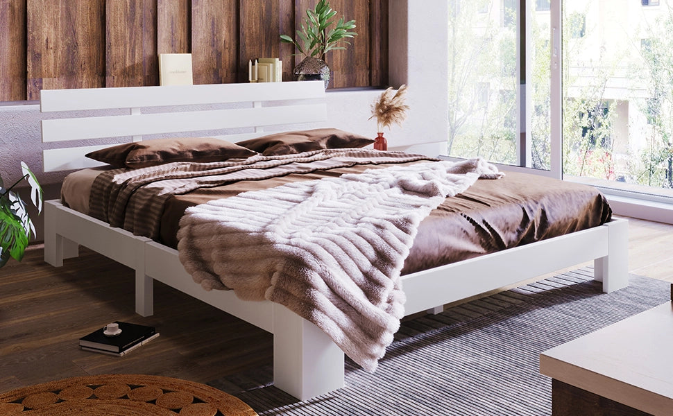 DESMIU Letto Matrimoniale 140 × 200 cm con testiera, senza materasso, in legno massiccio, bianco