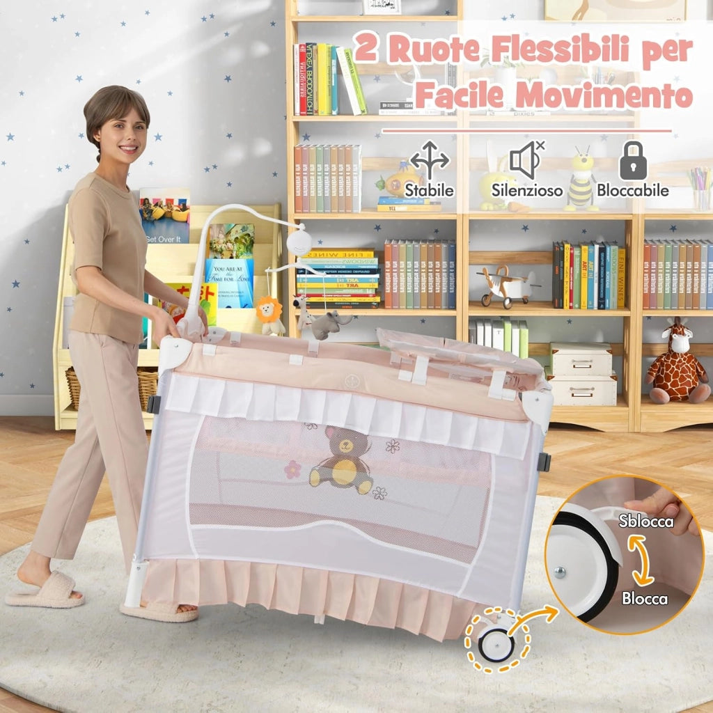 Lettino da Campeggio per Bambini, Culla Pieghevole con Fasciatoio Zanzariera, Box Neonati con Giocattoli, Ruote, per Bambini 0-36 Mesi (Rosa)