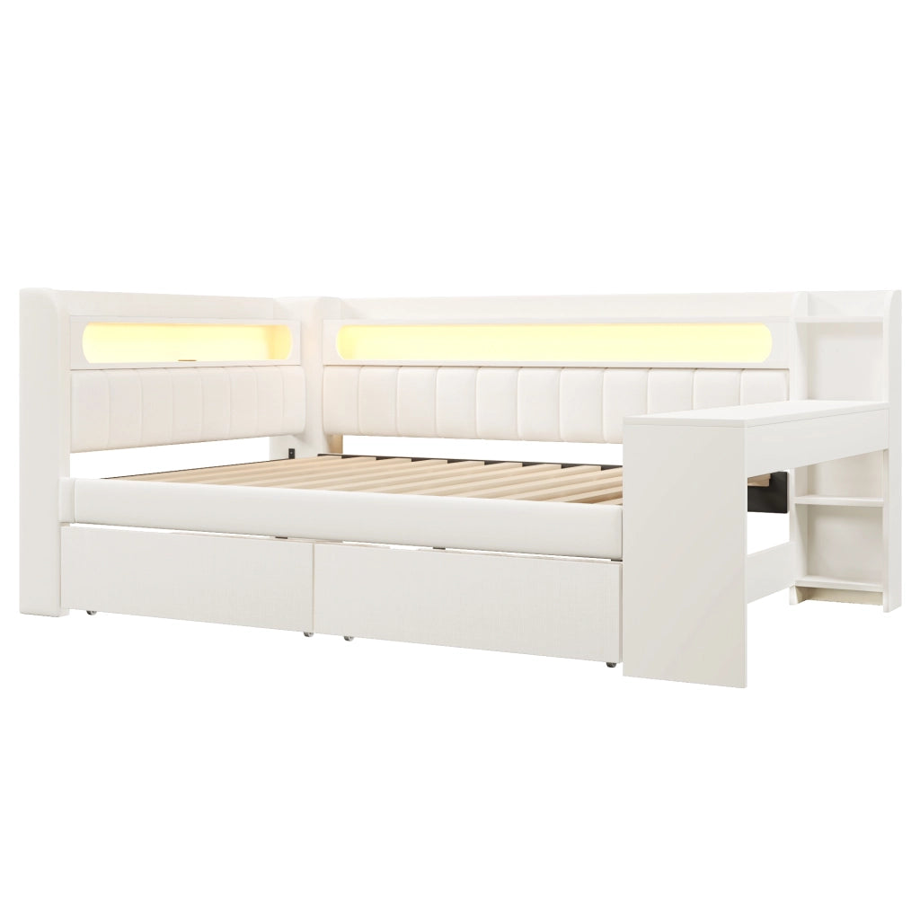 LETTO GIORNO 140x200 cm Bianco con scrivania, 2 cassetti, USB e LED