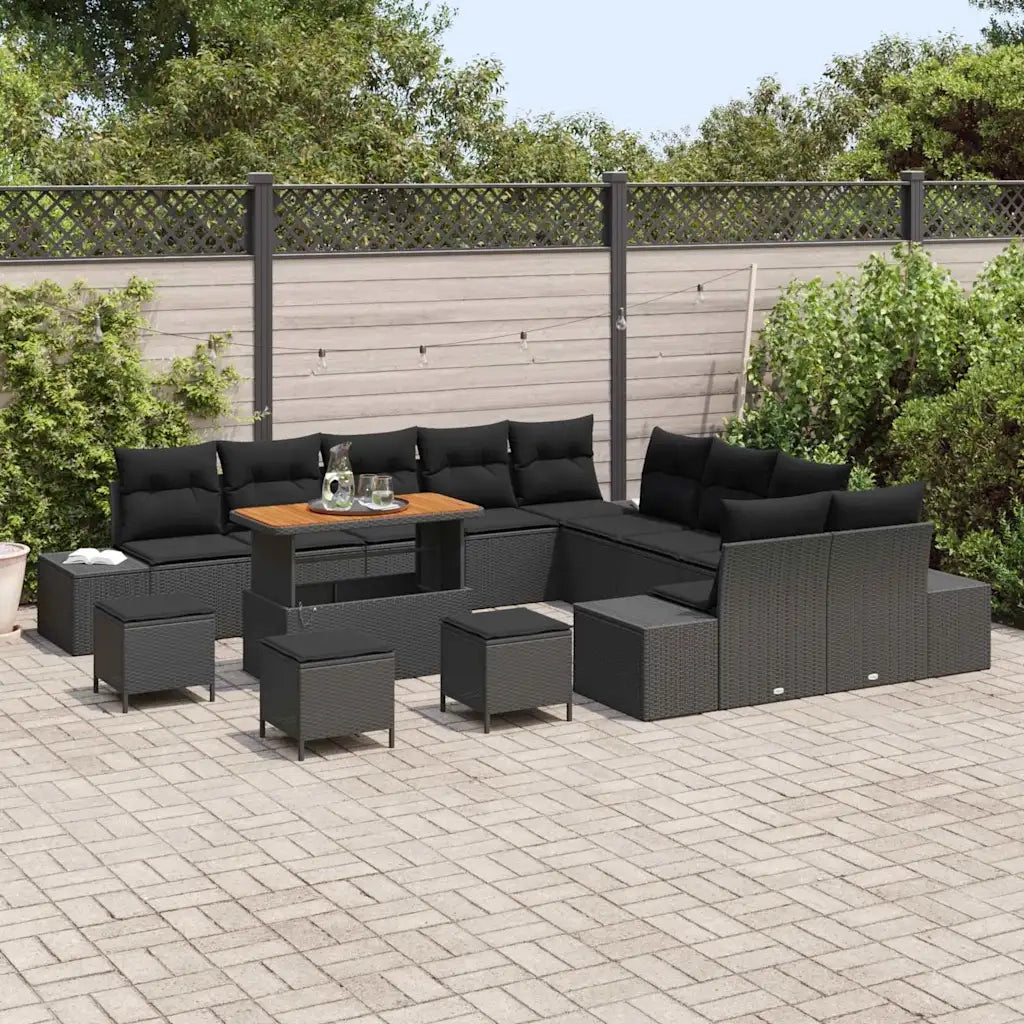 Set Divano da Giardino con cuscino 14 pcs Nero polyrattan
