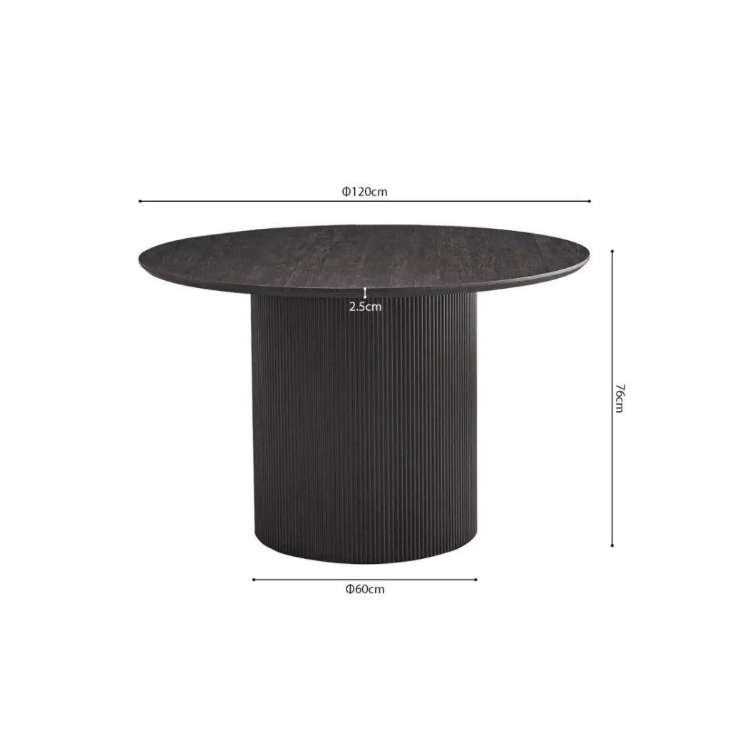 Tavolo da pranzo rotondo VAGOS effetto legno marrone scuro, ideale per una sala da pranzo accogliente.