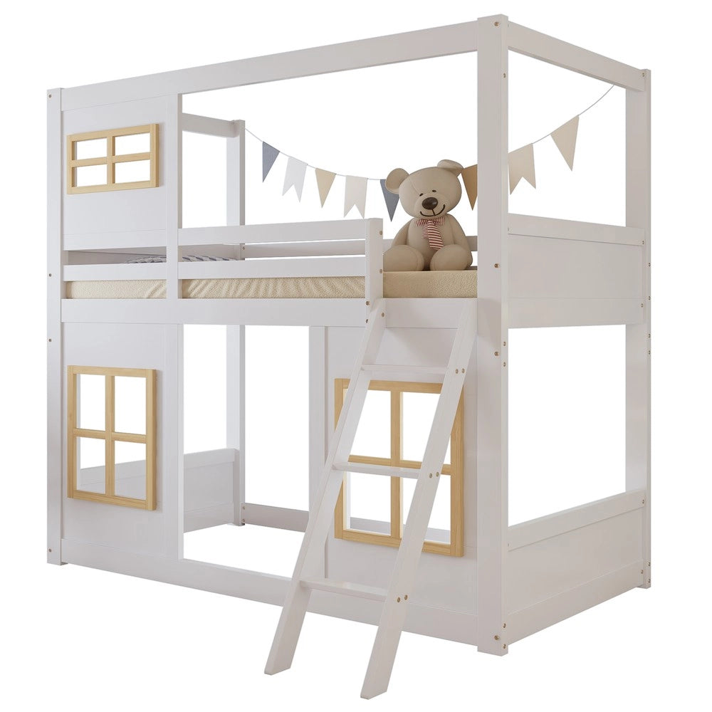 Letto a Castello per Bambini con Finestra e Scaletta ¨C MINIMAL ¨C Pino/MDF/Multistrato, Bianco, 90x200