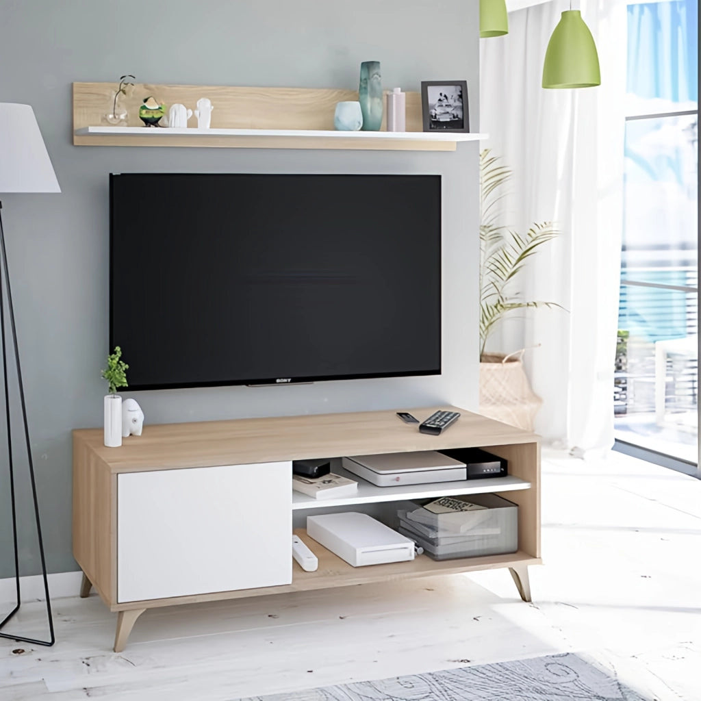 Kikua Plus Mobile TV con Mensola 135x40x50 cm, Rovere Bianco, Sistema PUSH