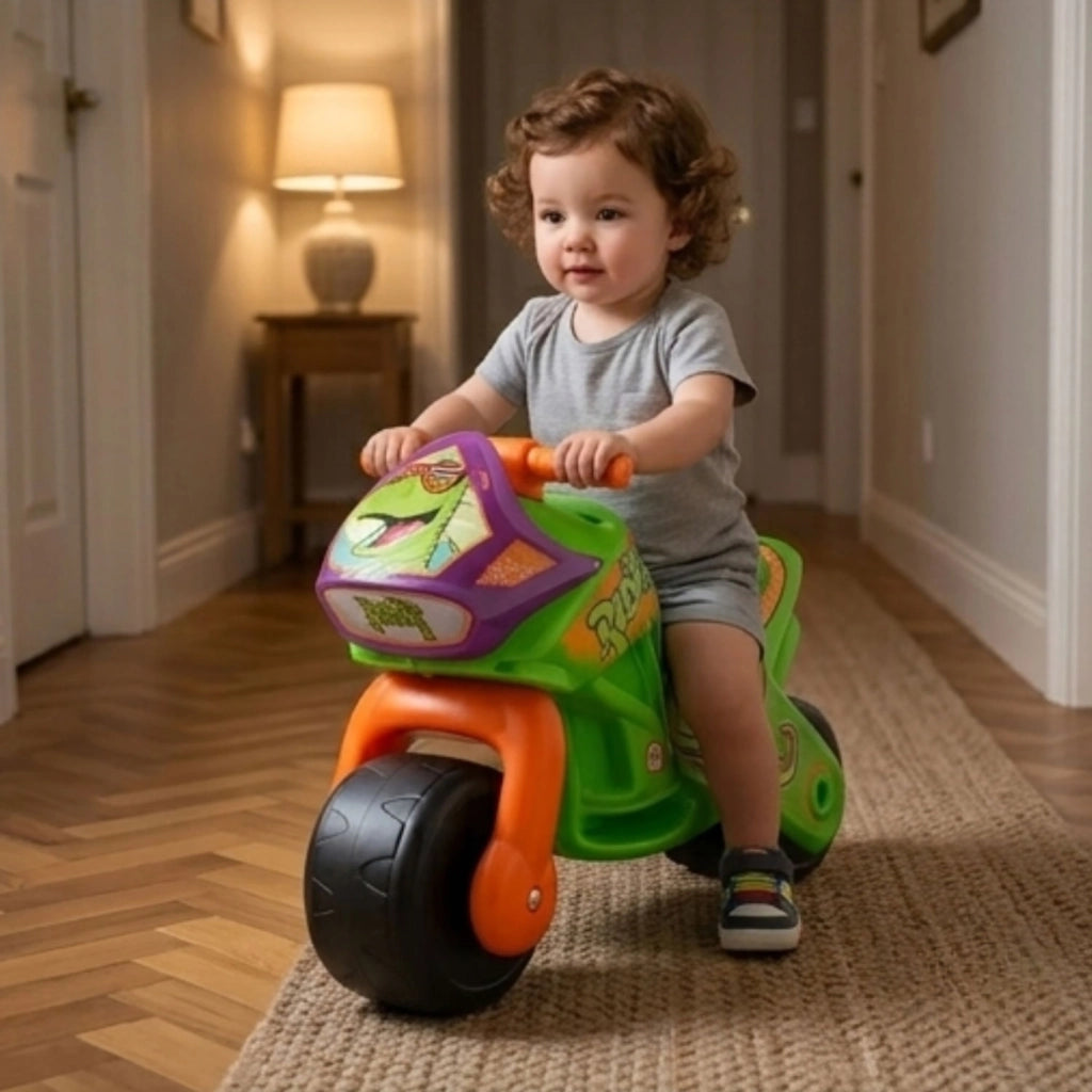 Moto Cavalcabile per Bambini Twin Dessert Dino Senza Pedali Verde e Arancione