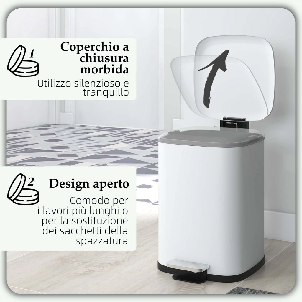 Pattumiera a Pedale 12 Litri 24,5x32x34,5 cm con Chiusura Silenziosa in Metallo e PP Bianco