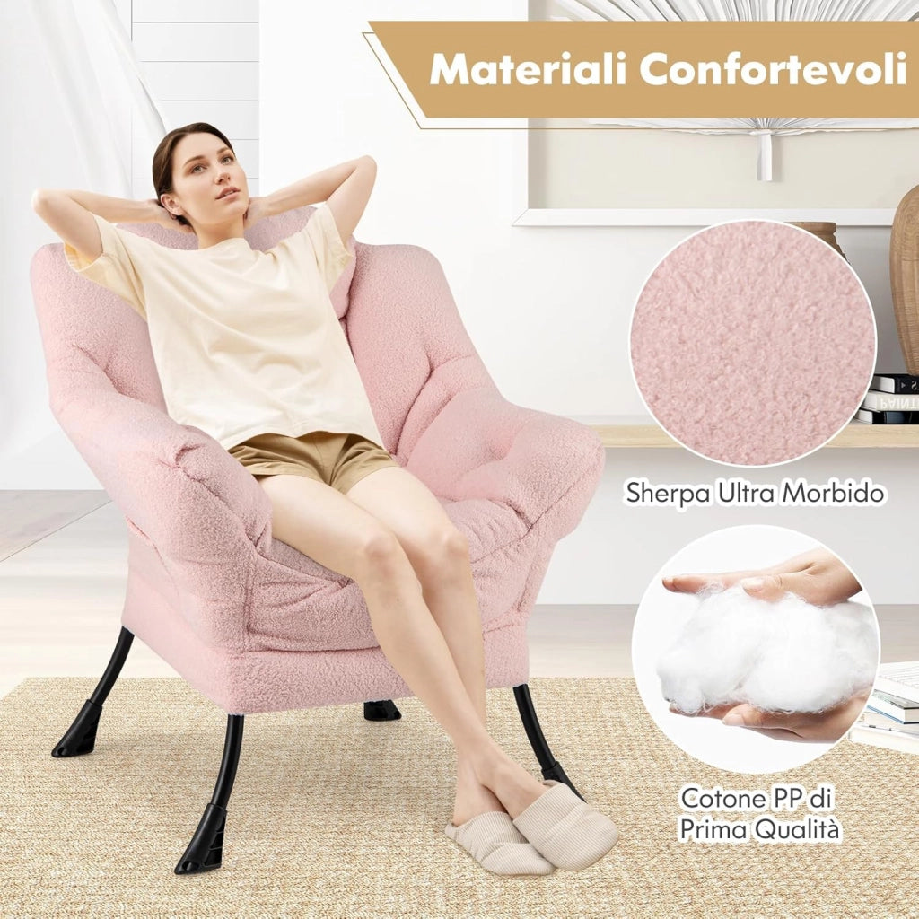 Poltrona Relax, Poltrona da Lettura con Cuscino, Elegante con Schienale e Seduta Imbottiti, Braccioli e Tasca di Stoccaggio, Portata 150 kg (Senza Pouf, Cashmere Rosa)