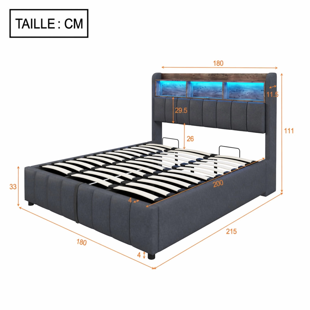 DESMIU Letto imbottito 180 × 200 cm 2 posti con LED, USB e Type-C, contenitore idraulico, senza materasso, lino grigio