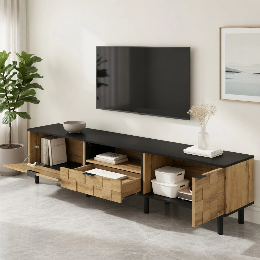 Cassettiera TV in truciolato con finitura legno naturale; 170 cm