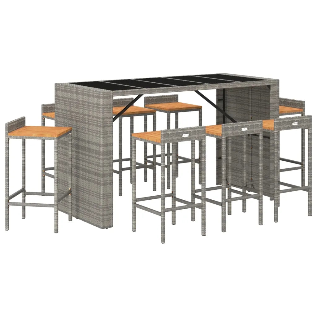 Set Bar Giardino 9pz Grigio Polyrattan e Legno Massello Acacia