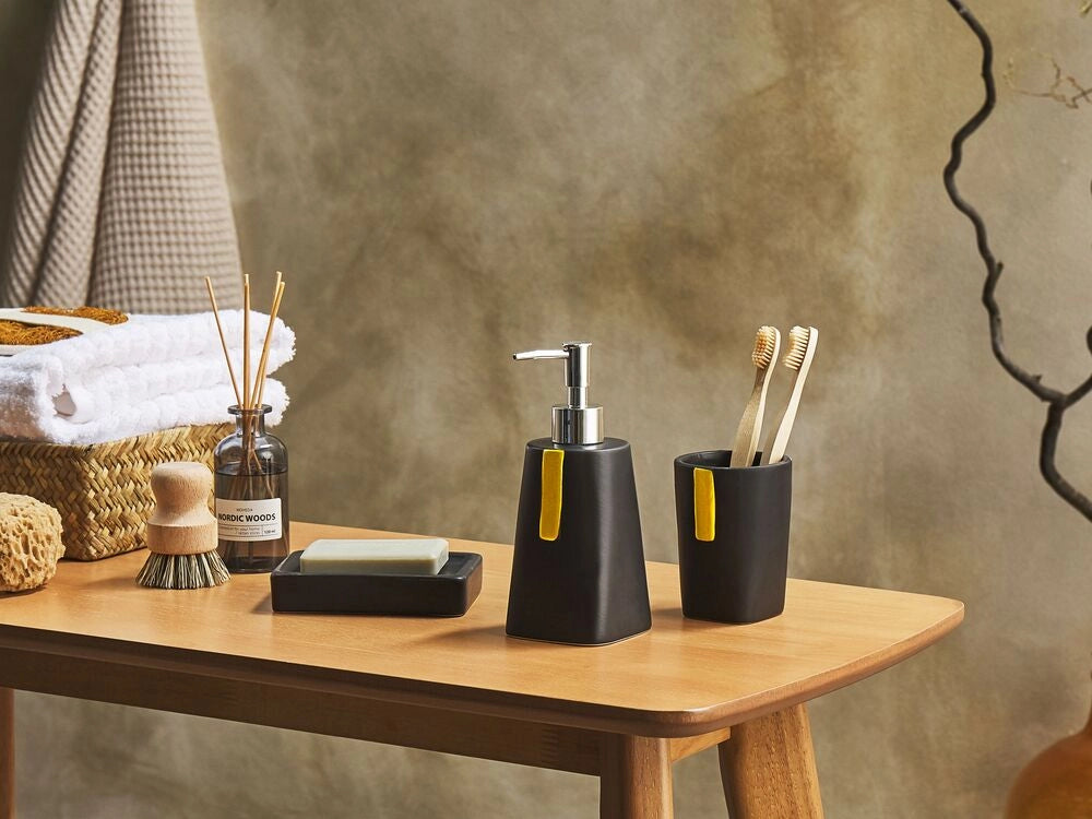 Set di 3 Accessori Bagno in Ceramica Nero dispenser sapone porta sapone portaspazzolini
