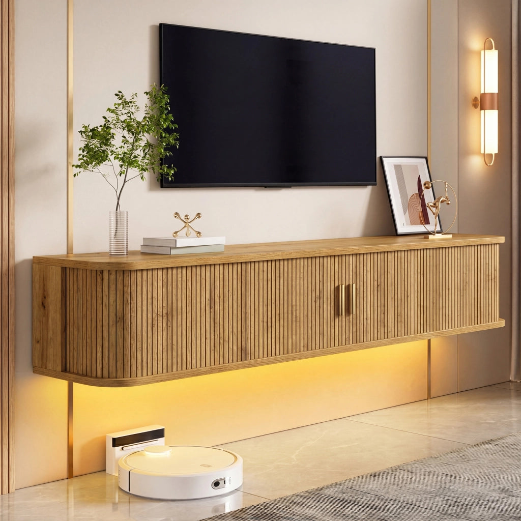 Mobile TV da parete, finitura effetto legno, illuminazione a LED regolabile tramite app, materiale MDF, colore del legno grezzo