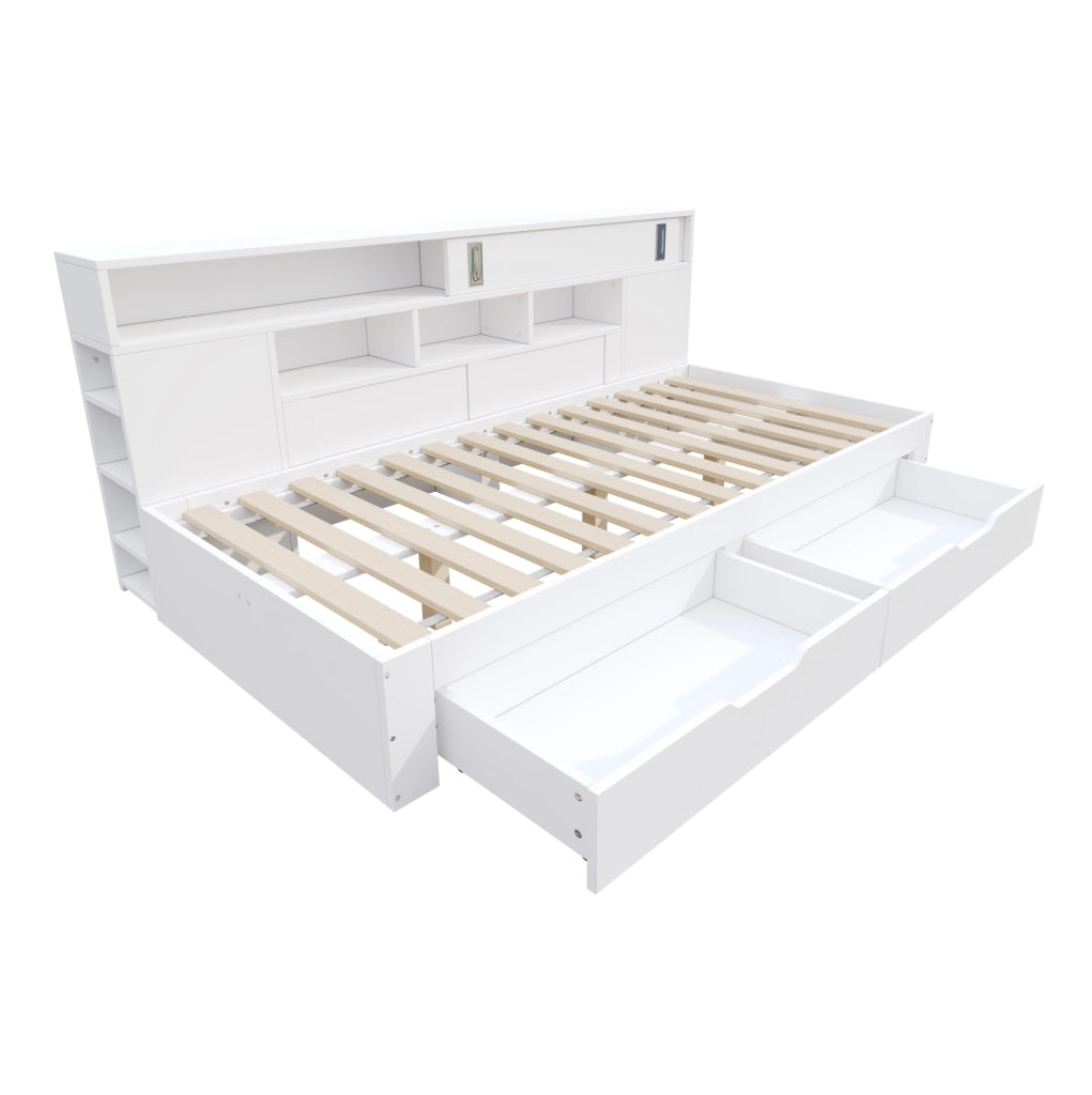 Letto a giorno 140x200 cm con cassetti e vani contenitori in MDF bianco