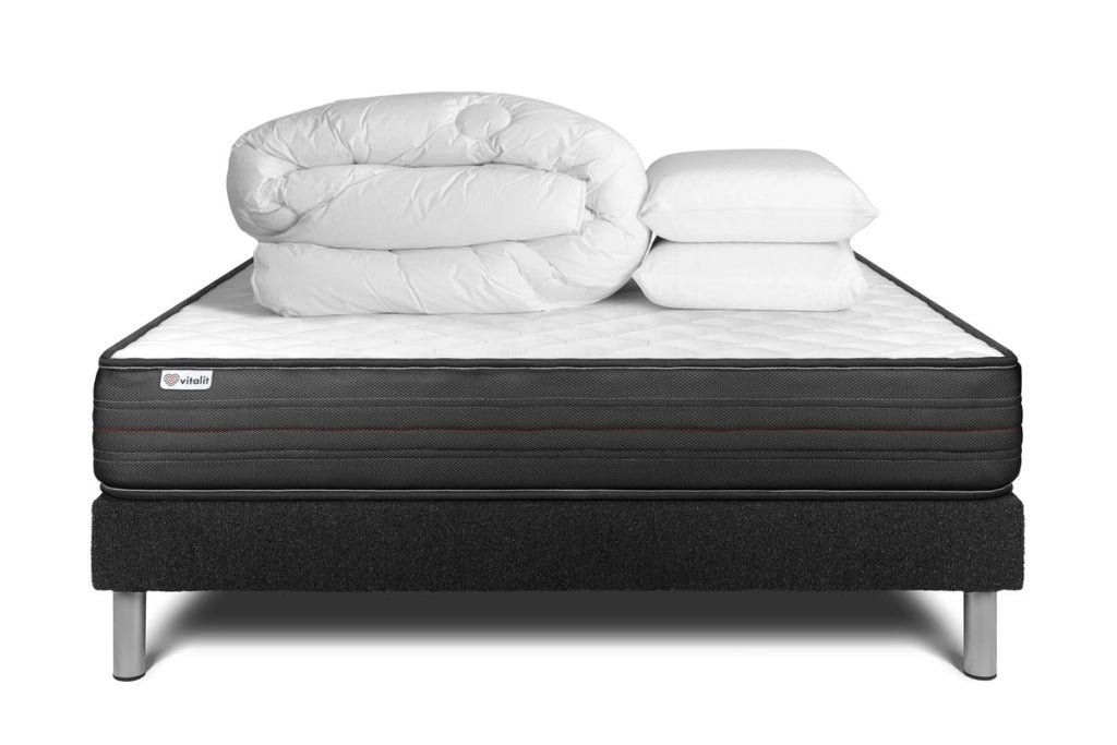 Pacchetto letto completo - Materasso 160x200cm + Box spring con doghe (in kit) + 2 cuscini + Piumino - Vitalpower