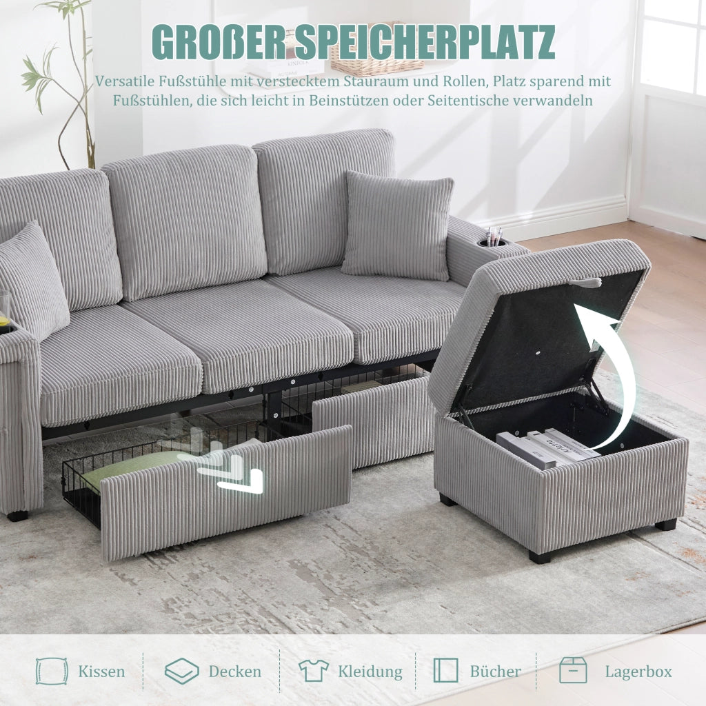 DIVANO Modulare con LED, USB/TypeC, contenitore, 194x73x81 cm, Grigio chiaro