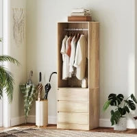 Armadio Guardaroba con Asta Appendiabiti, Ripiano Aperto e 3 Cassetti, in Legno, 60x48.5x185 cm, color Teak