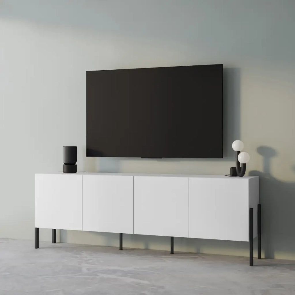 Buffet SALMA – 4 porte Push-to-Open – Bianco super opaco & nero opaco, 204×70×40 cm