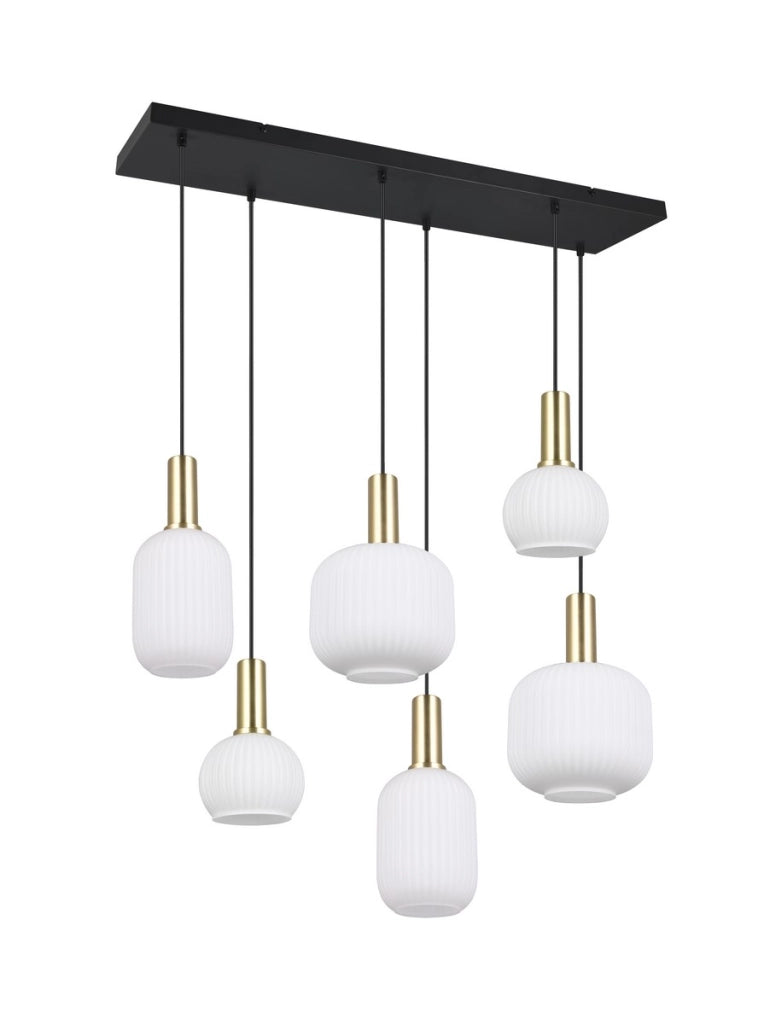 Sospensione Trio DIVA nera/ottone 6xE27 vetro bianco