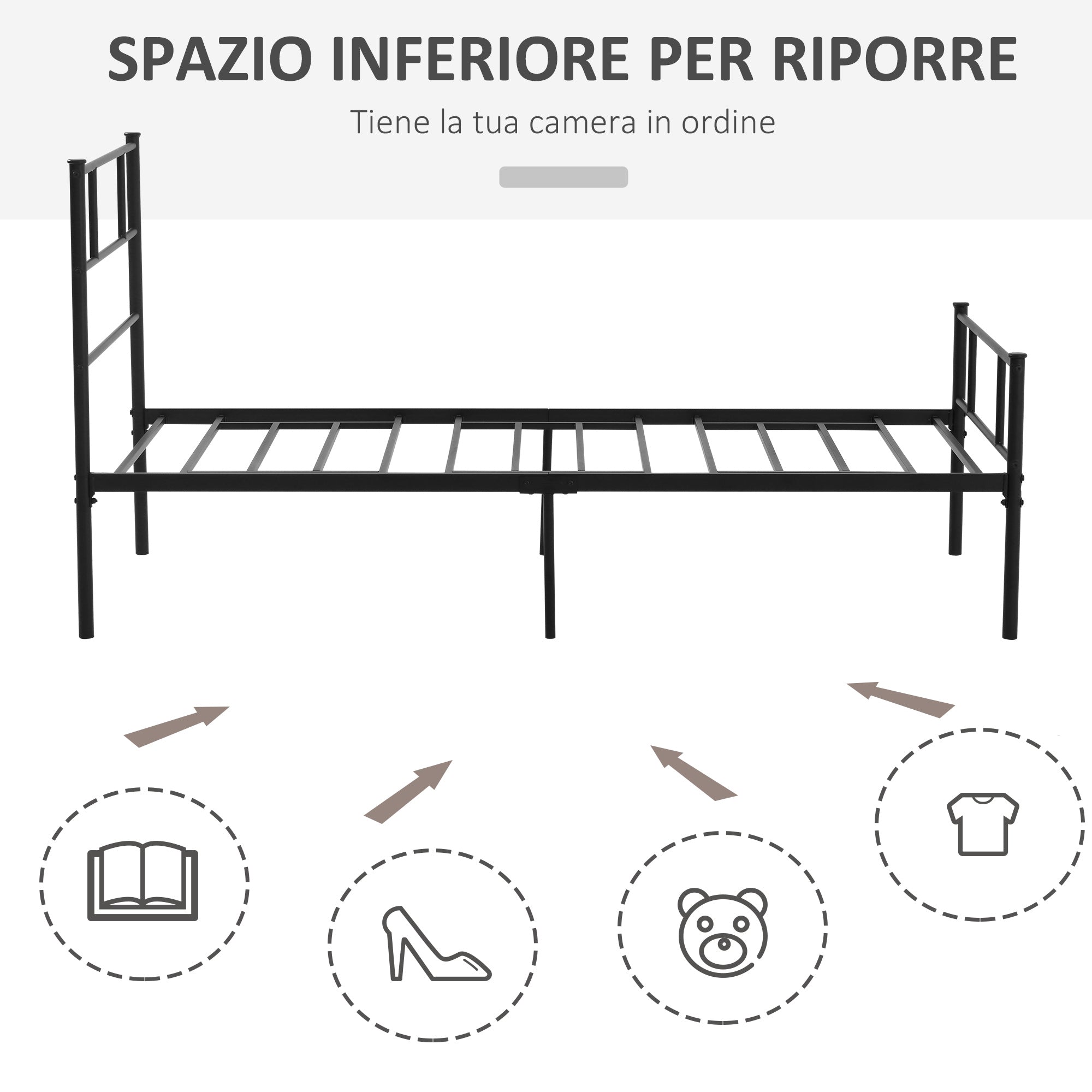 Struttura Letto Singolo 90x200 cm in Acciaio con Doghe Integrate Nero