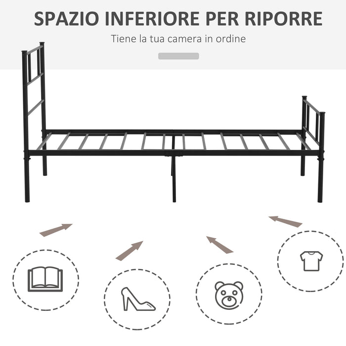 Struttura Letto Singolo 90x200 cm in Acciaio con Doghe Integrate Nero