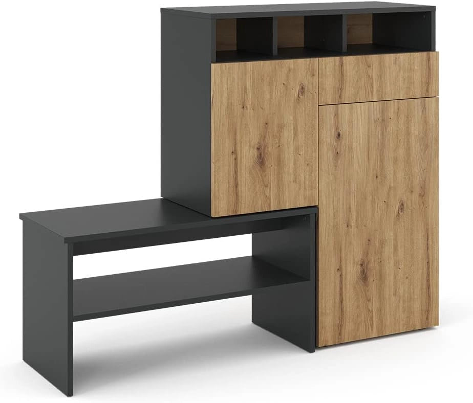 Mobile porta scarpe Selena, Grigio, 124.5 x 102 cm, con seduta e superfici d’appoggio variabili