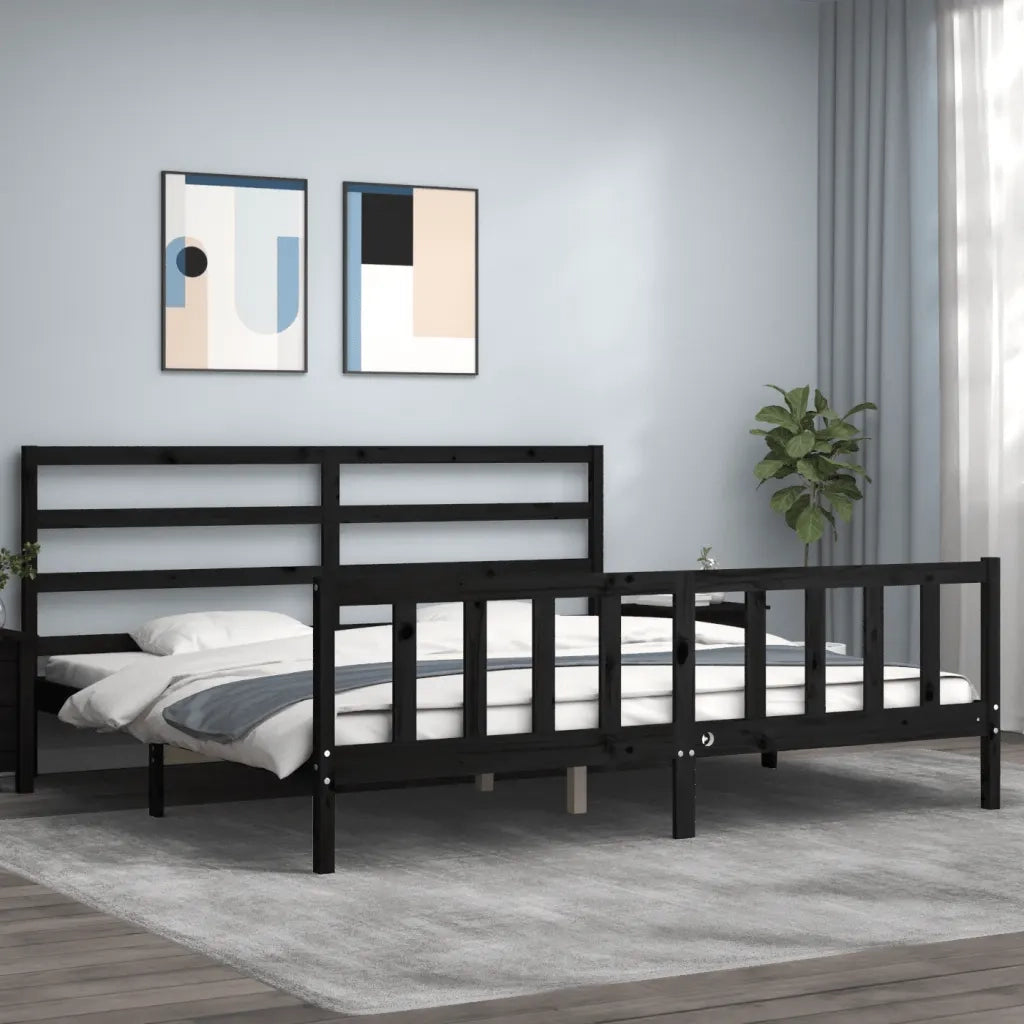 Letto matrimoniale | Letto per adulti | Giroletto con Testiera Nero 200x200 cm in Legno Massello