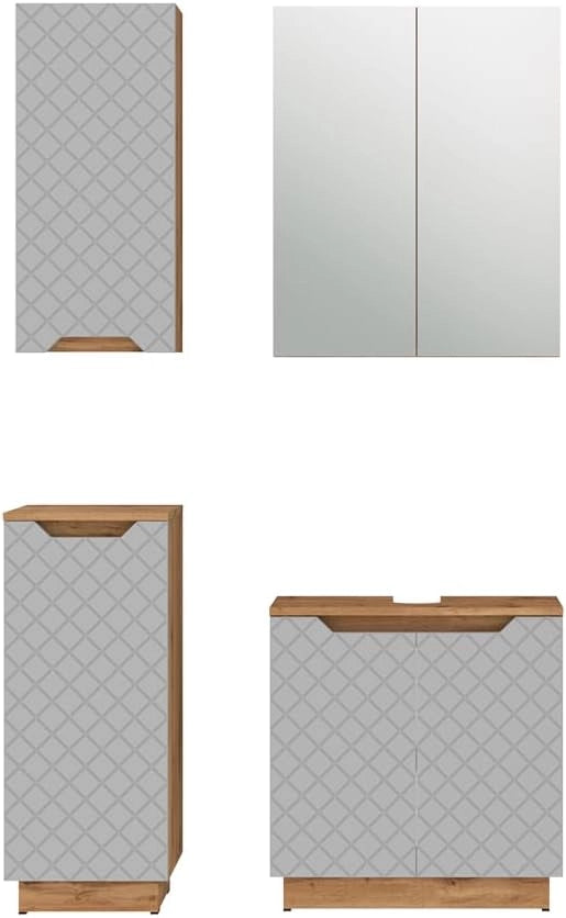 Set di mobili da bagno Lotta, Rovere/grigio con struttura in piastrelle, 4 parti