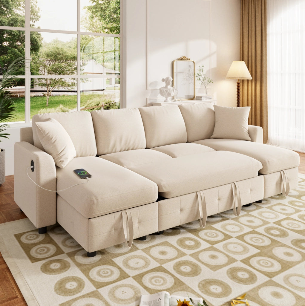 Divano letto a U ULEVR 260x128x82 cm estraibile con 2 chaise longue contenitore, USB e Type-C, beige