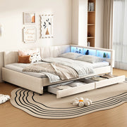 Letto a giorno 140x200 cm con LED; cassetti e USB in lino beige