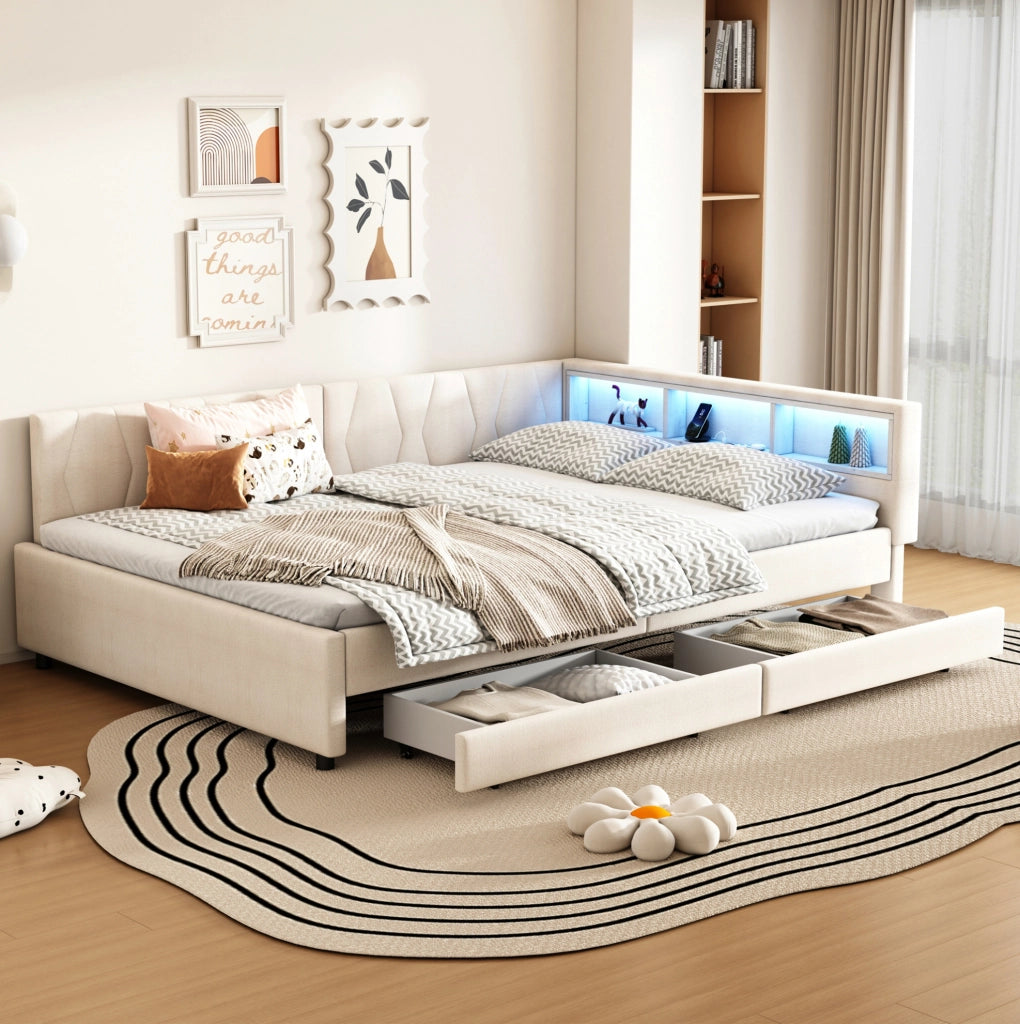 Letto a giorno 140x200 cm con LED; cassetti e USB in lino beige