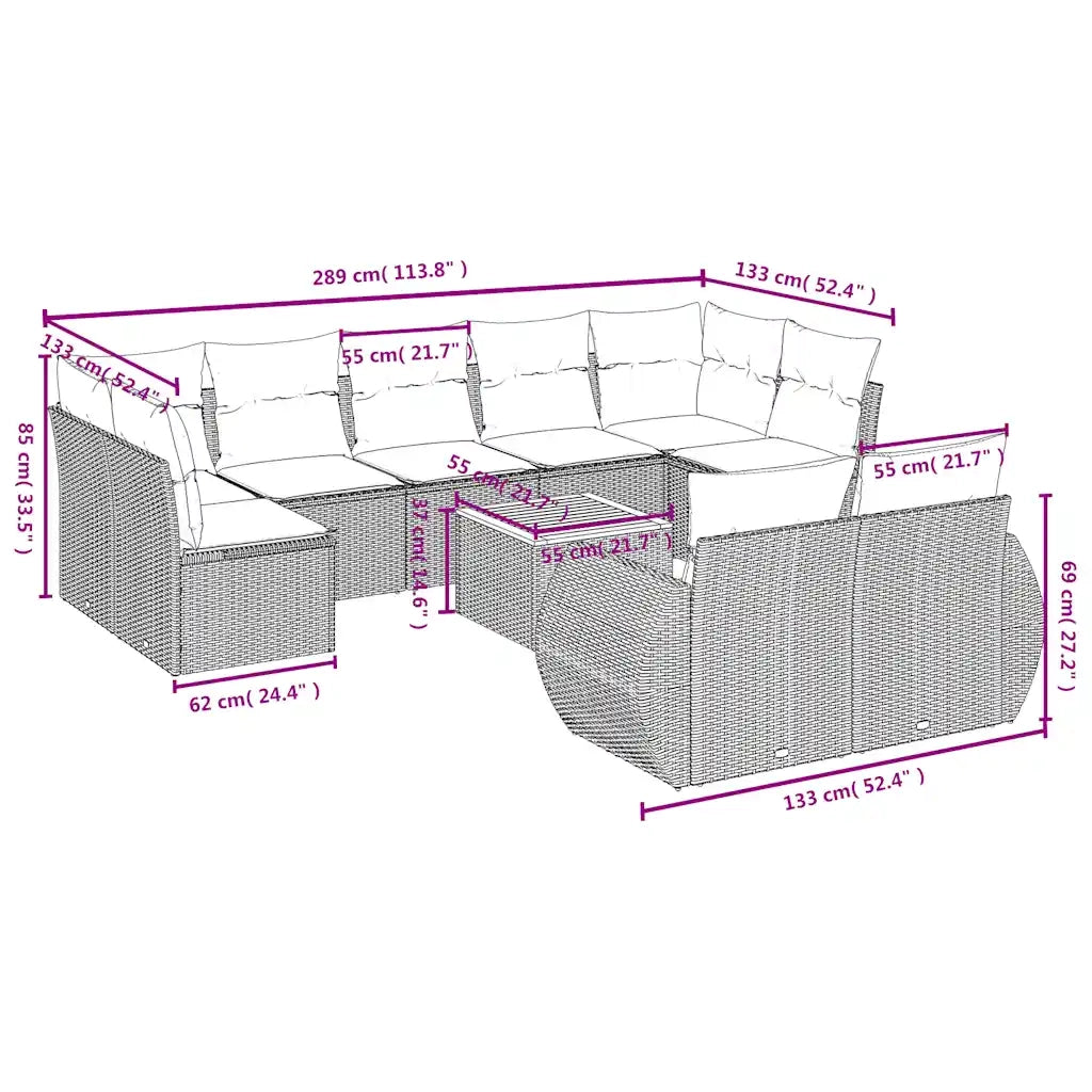 Set Divani da Giardino 10 pz con Cuscini Grigio in Polyrattan 3225158