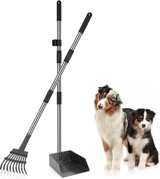 Scopa per cani da 106 cm con manico regolabile - Lame metalliche resistenti e ciotola per grandi, medi e piccoli cani - 2 pezzi