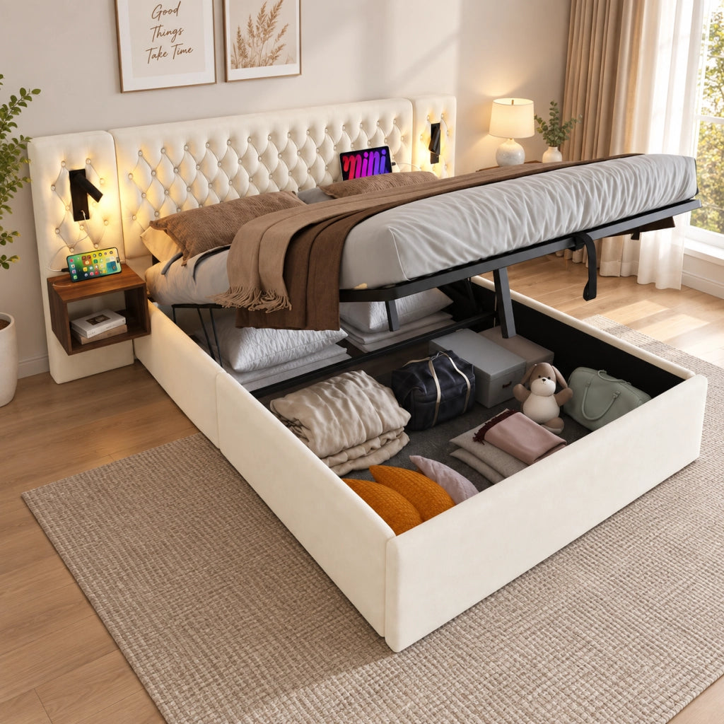 Letto contenitore imbottito 180 x 200 cm con 2 comodini; contenitore con sollevamento idraulico; lampada da lettura; ricarica USB; velluto; beige