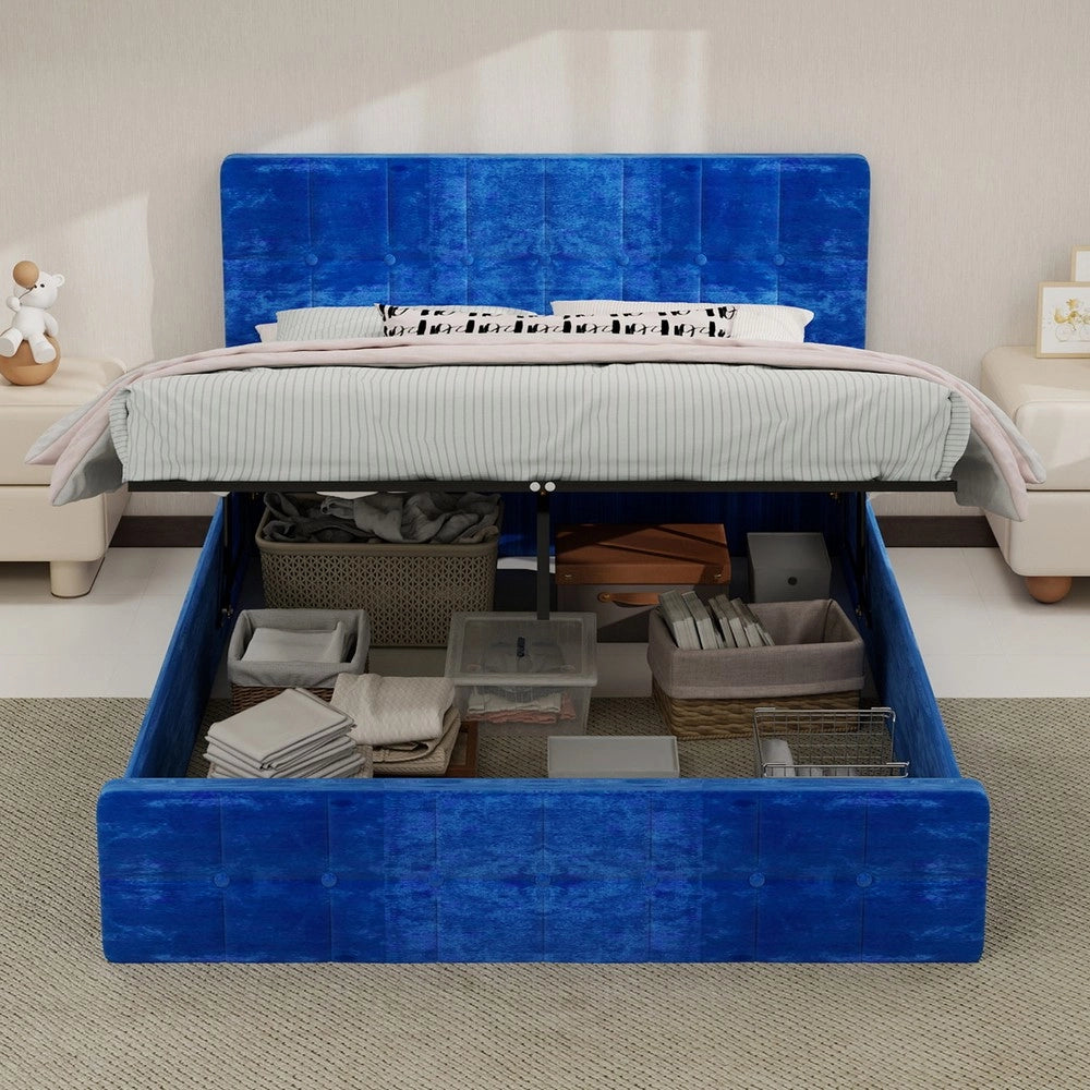Letto imbottito contenitore con testiera ¨C Minimal ¨C blu velluto 140x200cm