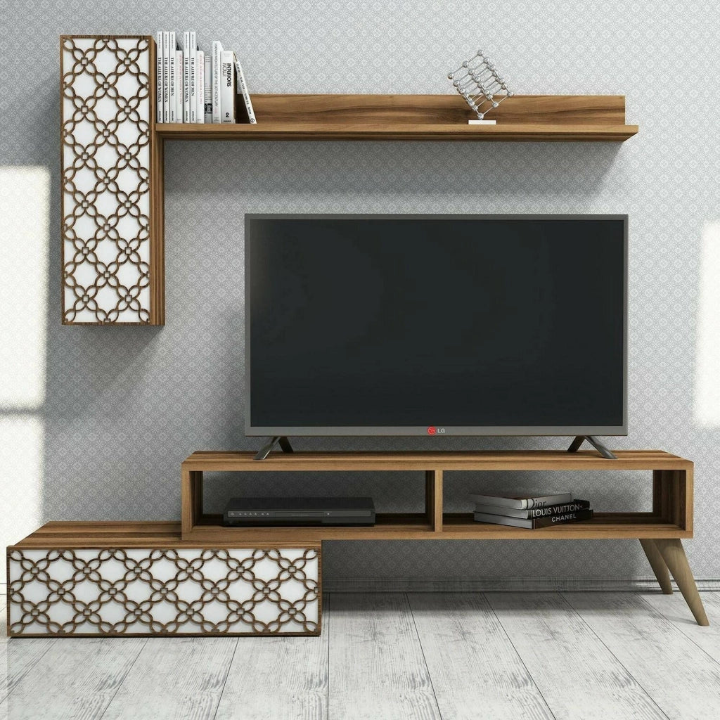 Parete attrezzata Ardara, Composizione soggiorno, Mobile salotto multiuso, Armadio porta TV, 150x37h38 cm, Noce e Bianco