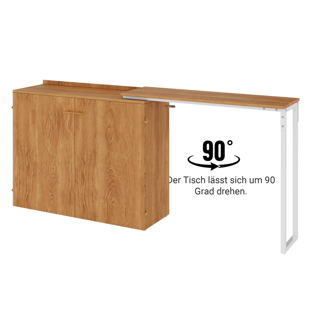Letto a scomparsa 90 × 200 cm con scrivania girevole, materasso incluso, con ruote, in metallo e legno, naturale