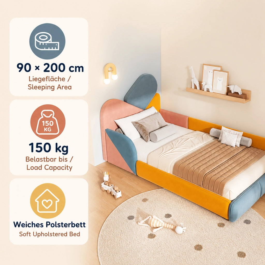 Letto per bambini basso 90 × 200 cm con sponde rialzate, senza materasso, in velluto, blu multicolore