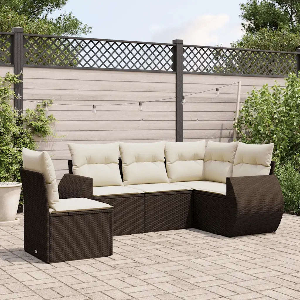 Set Divano da Giardino 5 pz con Cuscini Marrone in Polyrattan