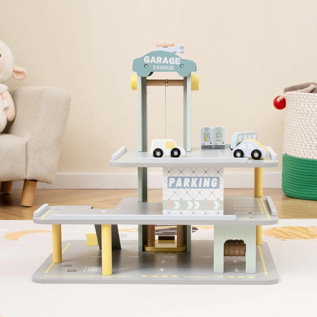 Set di Gioco Garage per Parcheggio, Garage di Giocattolo in Legno a 3 Strati con 4 Auto, Stazione di Servizio, Ascensore, Barra di Sollevamento, per Bambini di 3+ Anni