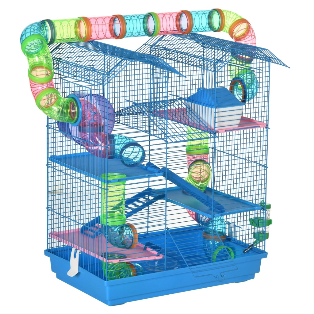 Gabbia per Criceti Multilivello con Tubi, Piattaforme e Accessori ¨C zephmum ¨C Blu 47x30x59 cm