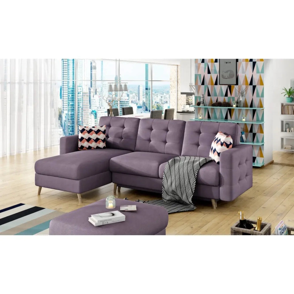 Divano ad angolo convertibile HASGARD 3 posti viola 248x162 cm – con contenitore e piedi in legno